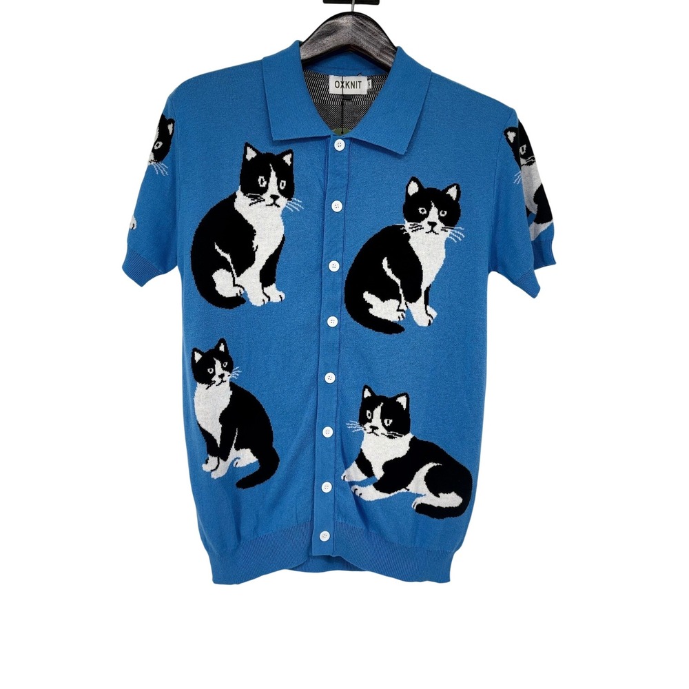 OXKNIT Mens Blue Tuxedo Cat Intarsia Knit Short Sleeve Button Up Cardigan Small